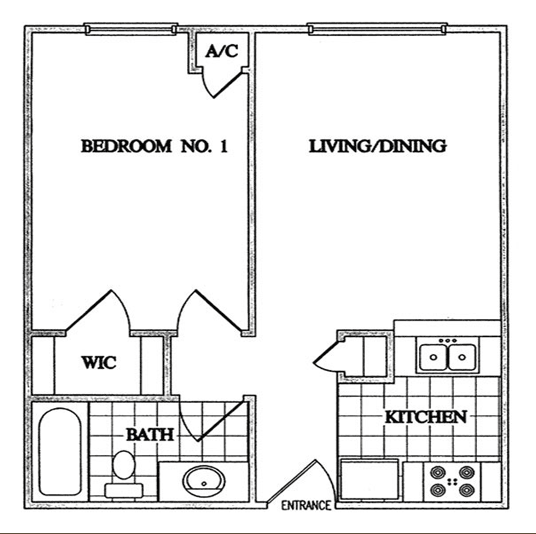 Floor plan of a 1 bed, 1 bath townhome